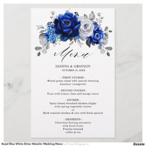 Royal Blue White Silver Metallic Wedding Menu