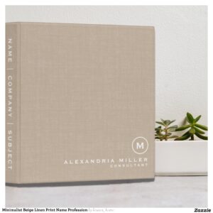 Minimalist Beige Linen Print Name Profession 3 Ring Binder