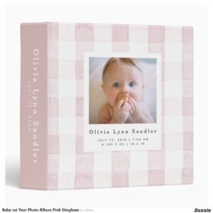 Baby 1st Year Photo Album Pink Gingham 3 Ring Binder