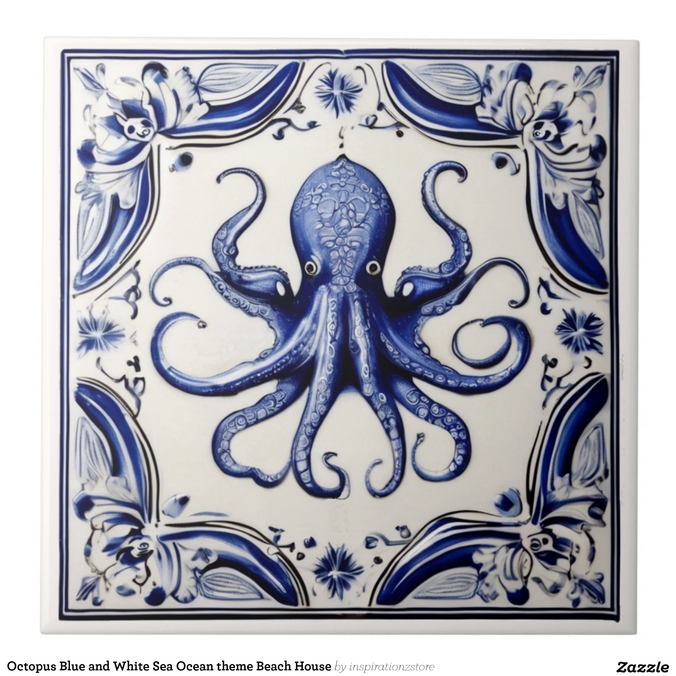 Octopus Blue and White Sea Ocean theme Beach House Ceramic Tile