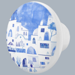 Santorini Greek Island Watercolor Townscape Ceramic Knob