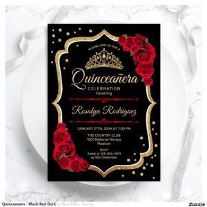 Quinceanera - Black Red Gold Invitation