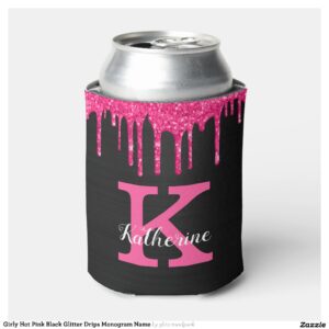 Girly Hot Pink Black Glitter Drips Monogram Name Can Cooler