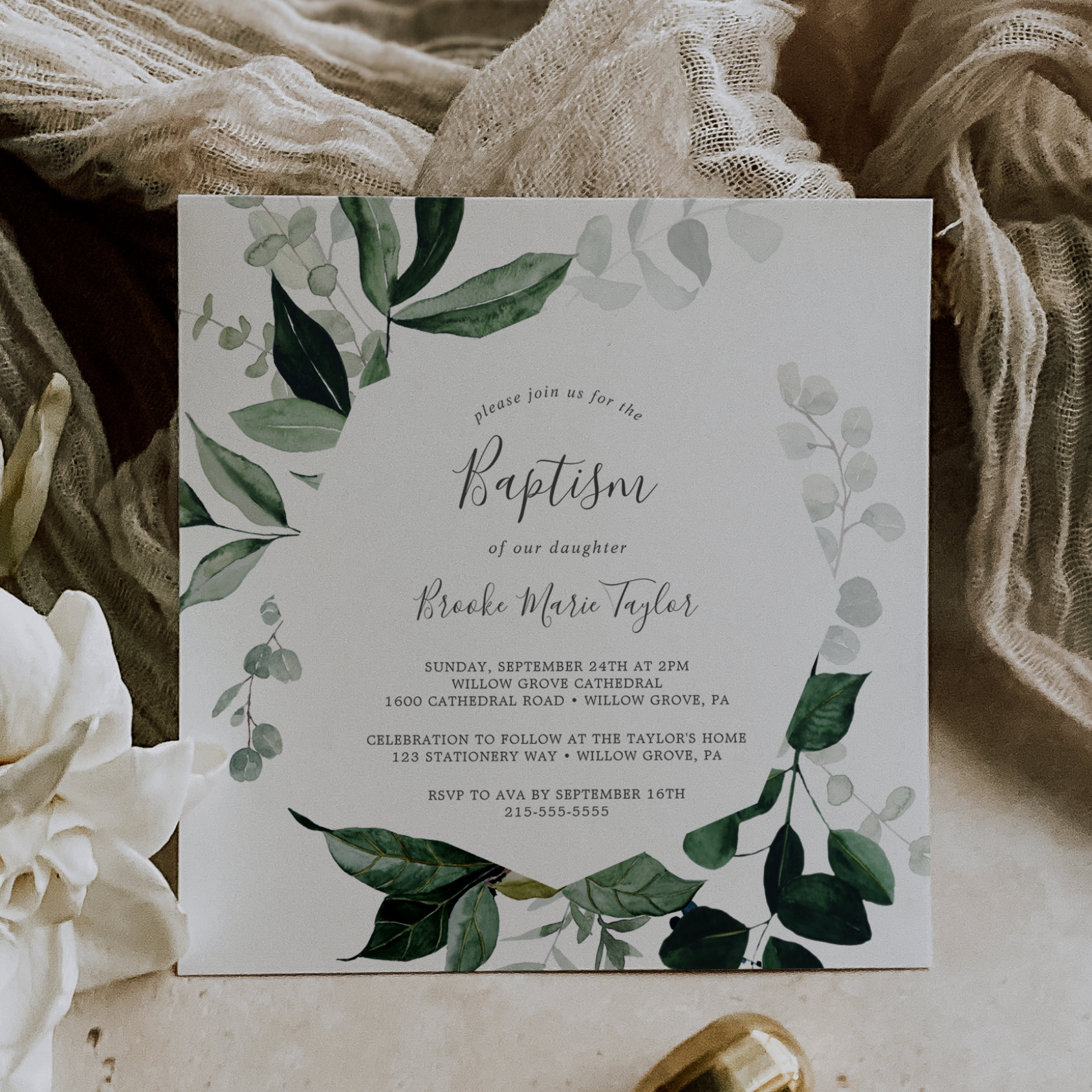 Emerald Greenery Square Baptism Invitation