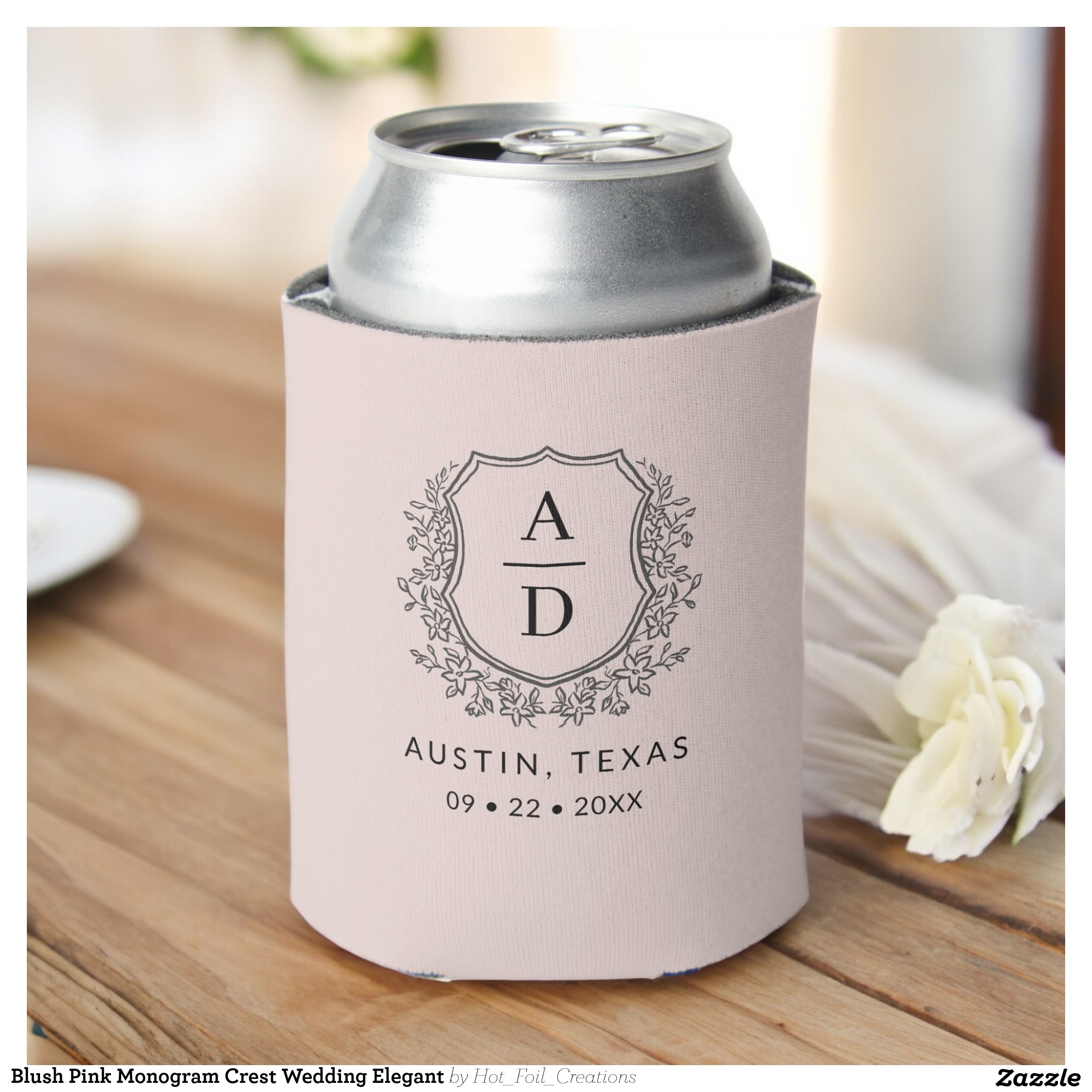Blush Pink Monogram Crest Wedding Elegant Can Cooler