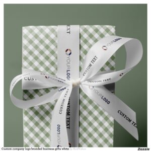 Custom company logo branded business gifts white satin ribbon