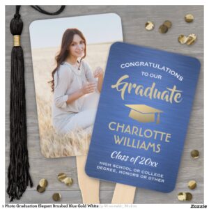 1 Photo Graduation Elegant Brushed Blue Gold White Hand Fan