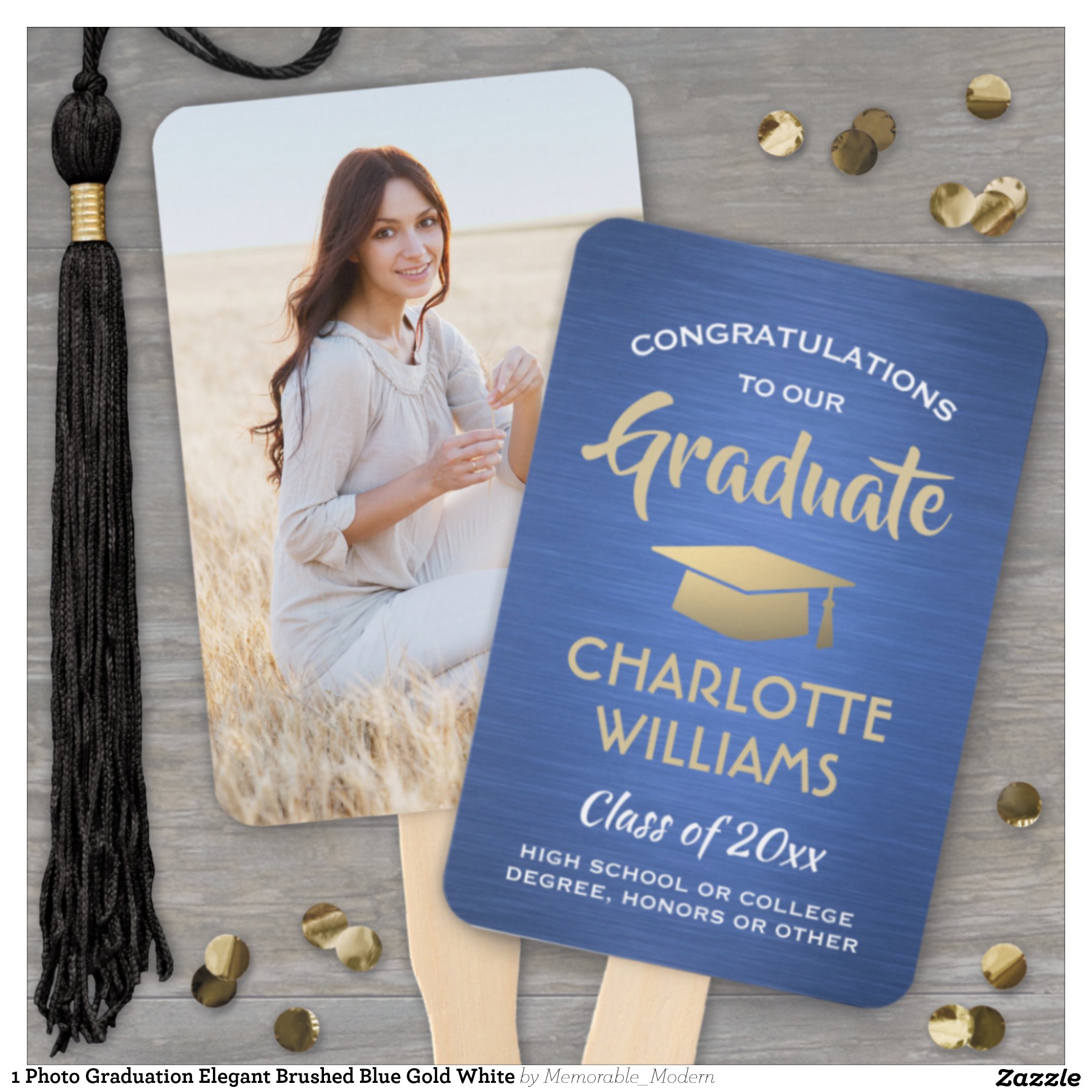 1 Photo Graduation Elegant Brushed Blue Gold White Hand Fan