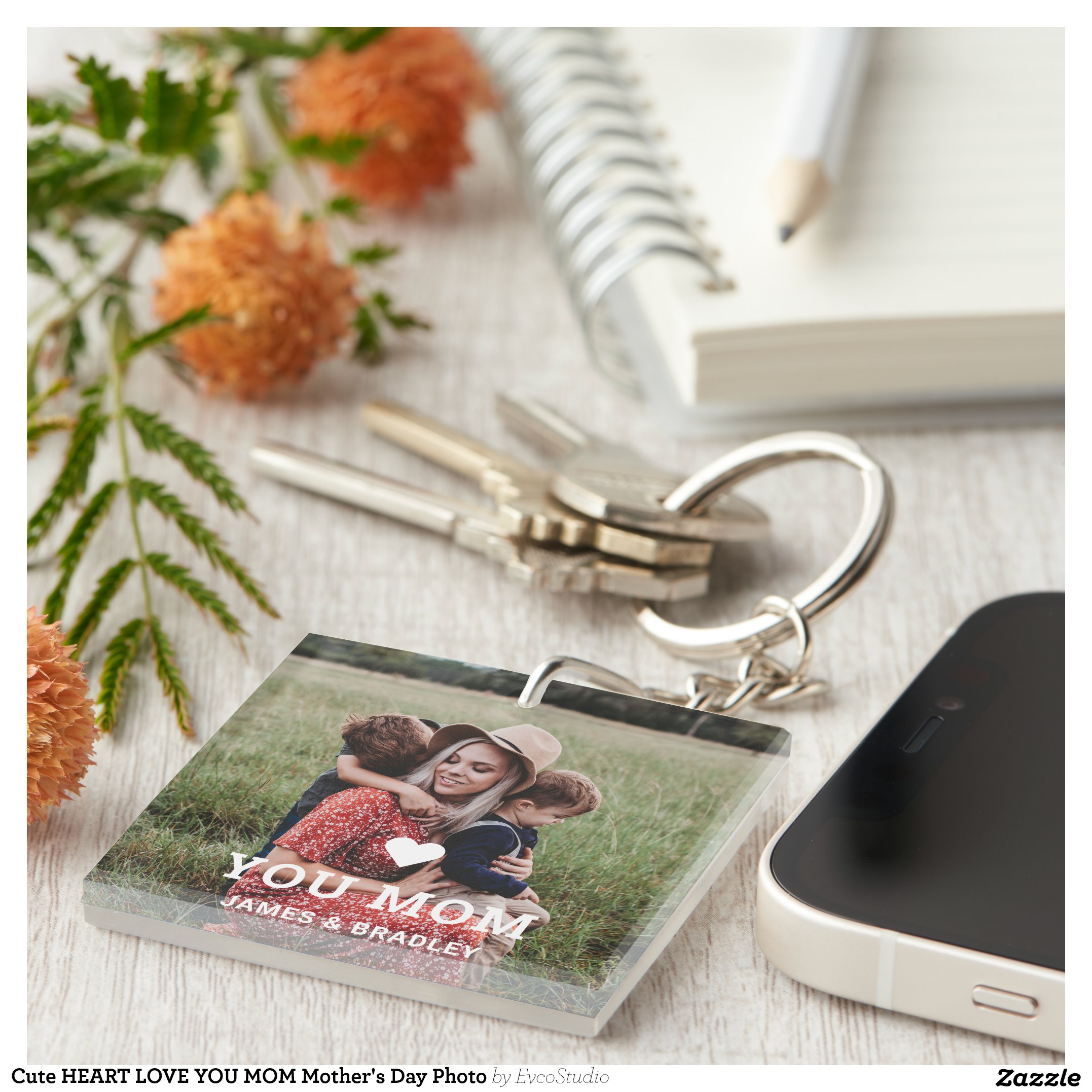 Cute HEART LOVE YOU MOM Mother's Day Photo Keychain