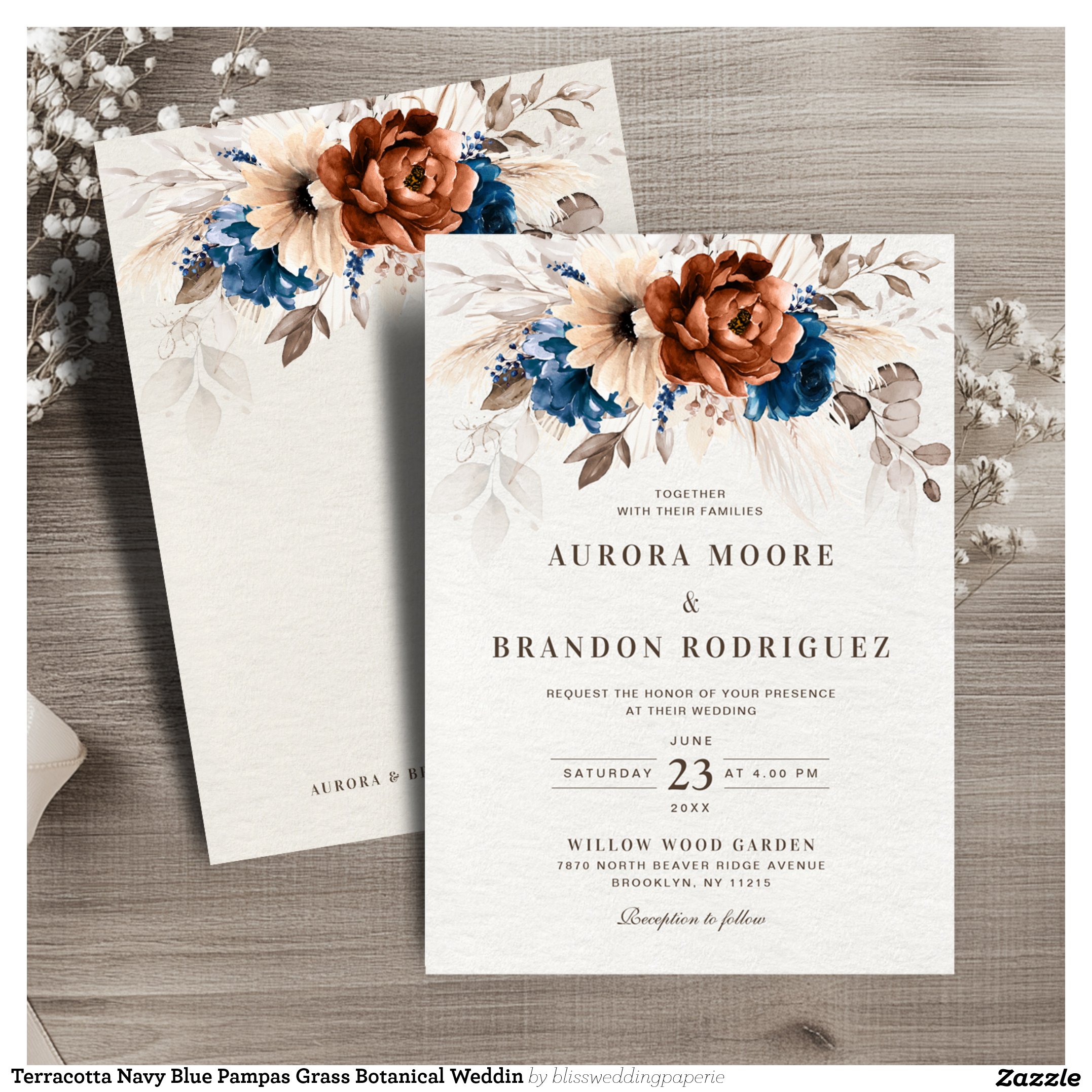 Terracotta Navy Blue Pampas Grass Botanical Weddin Invitation