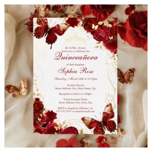 Red Gold Vintage Butterfly Floral Quinceanera Foil Invitation