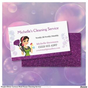 Purple Glitter Cartoon Maid House Cleaning Service Business Card