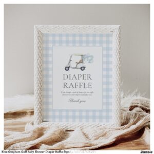 Blue Gingham Golf Baby Shower Diaper Raffle Sign