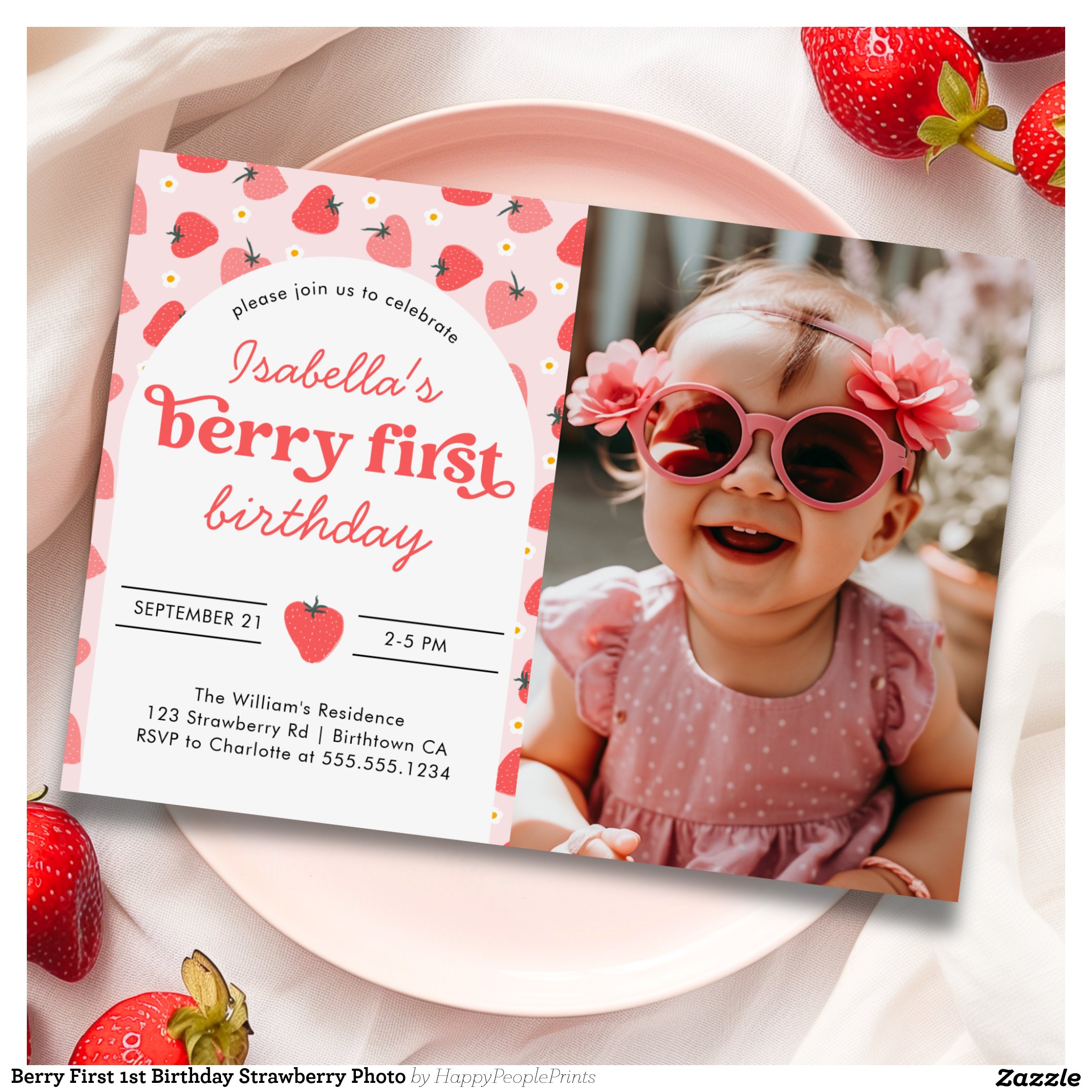 Berry First 1st Birthday Strawberry Photo Invitation