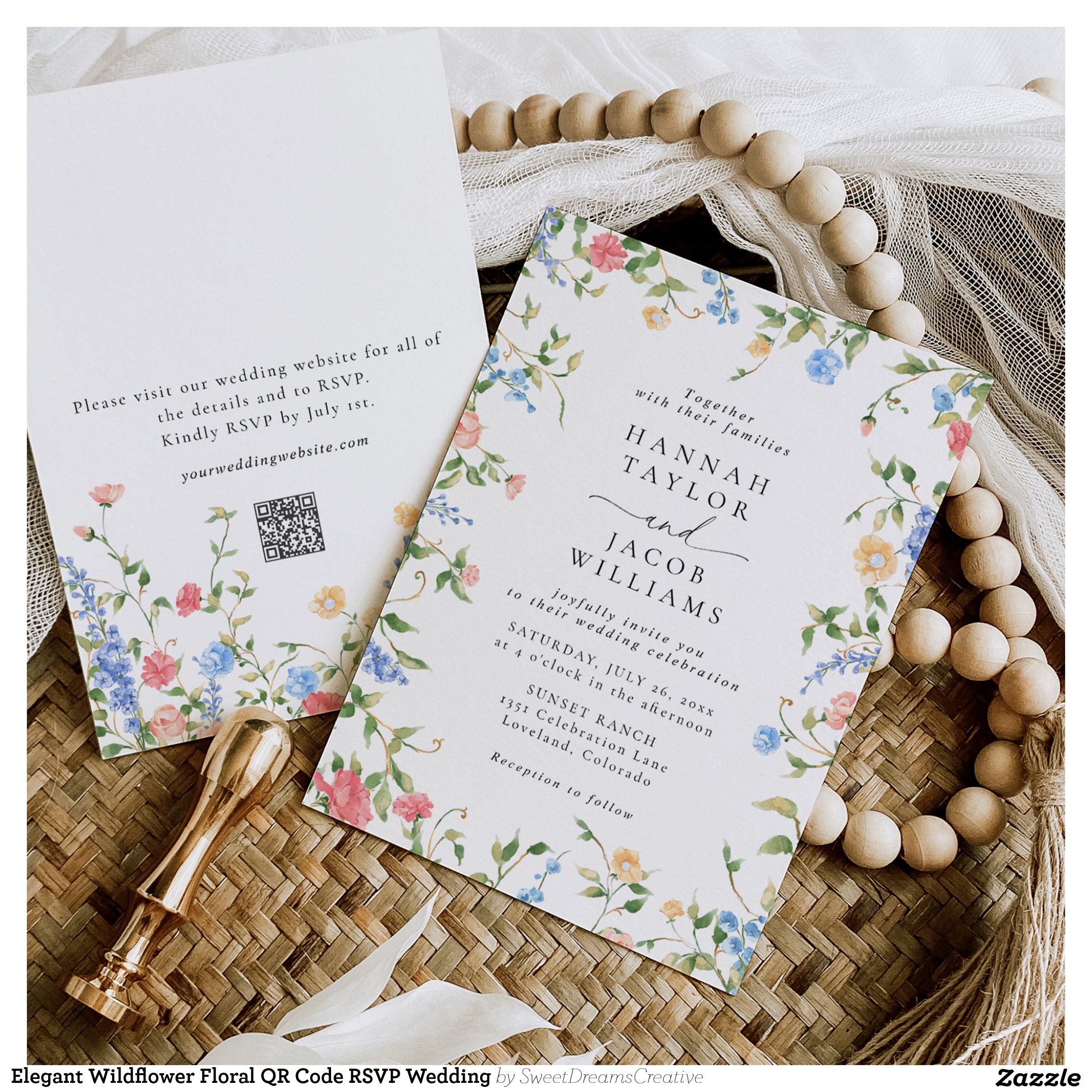 Elegant Wildflower Floral QR Code RSVP Wedding Invitation