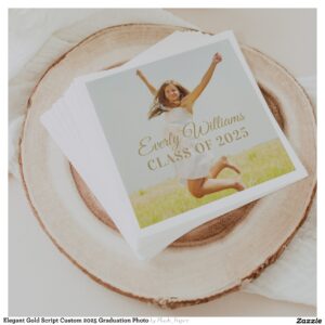Elegant Gold Script Custom 2025 Graduation Photo Napkins