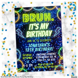 Bruh Neon Glow Blue Green Funny Boy Birthday Invitation