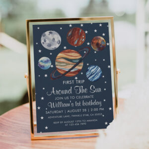 1st Trip Watercolor Outer Space 1st Birthday Boy Invitation