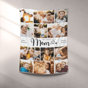 Mom We Love you Hearts Modern Photo Collage Fleece Blanket