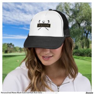 Personalized Name Black Gold Golf Ball And Clubs Trucker Hat