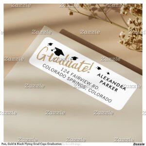 Fun, Gold & Black Flying Grad Caps Graduation Label