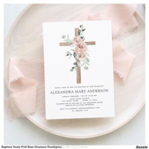 Baptism Dusty Pink Rose Greenery Eucalyptus Invitation