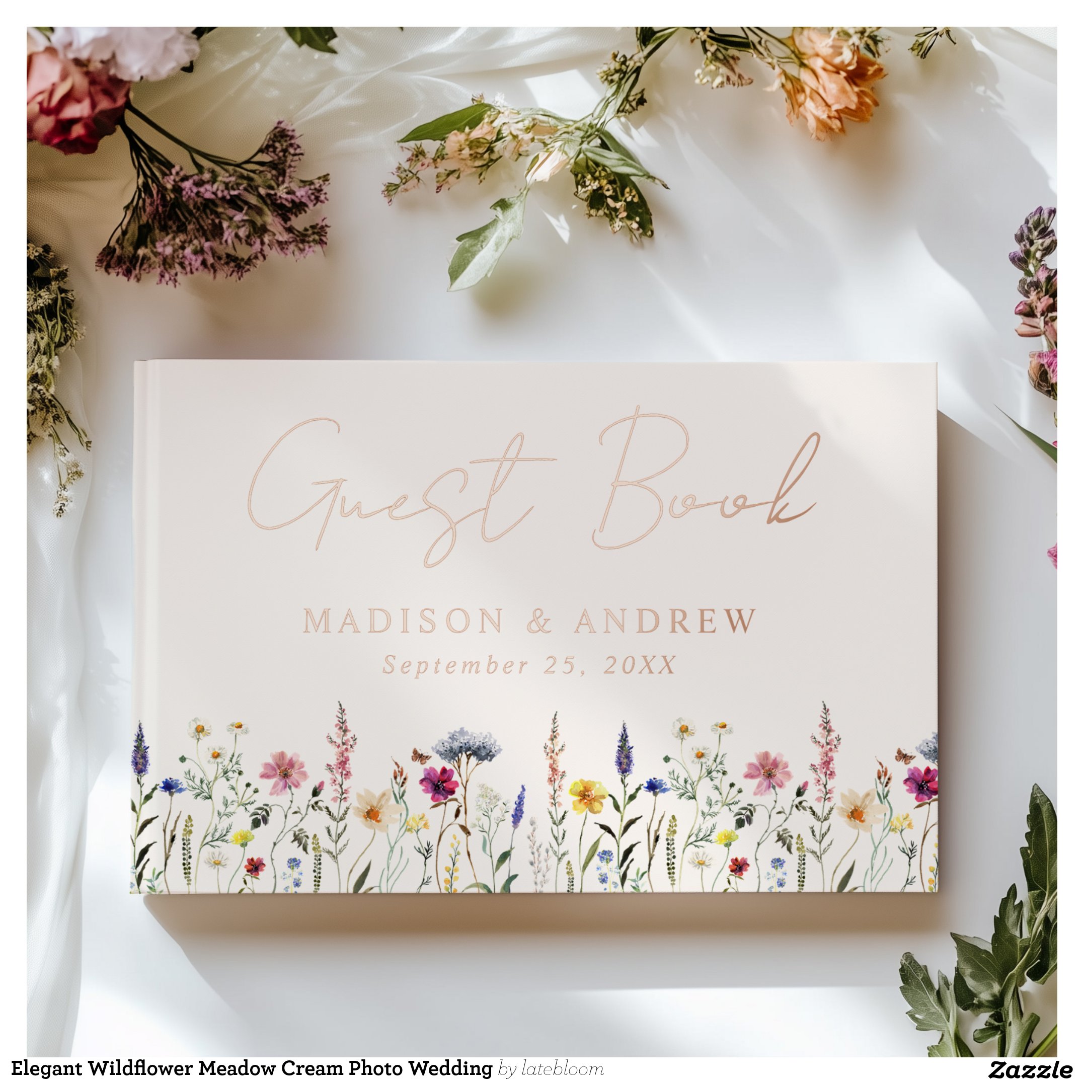Elegant Wildflower Meadow Cream Photo Wedding Foil Guest Book