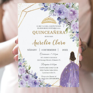 Quincea?era Purple Lilac Floral Princess Spanish Invitation