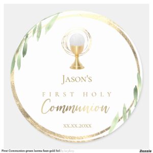 First Communion green leaves faux gold foil Classic Round Sticker