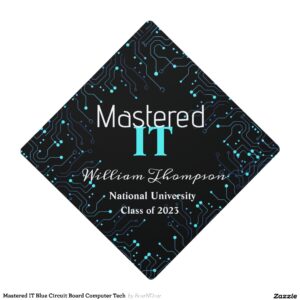 Mastered IT Blue Circuit Board Computer Tech Graduation Cap Topper