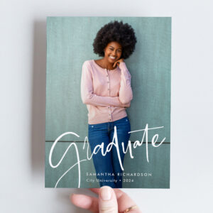 Trendy Script Overlay Two Photo Graduation Announcement