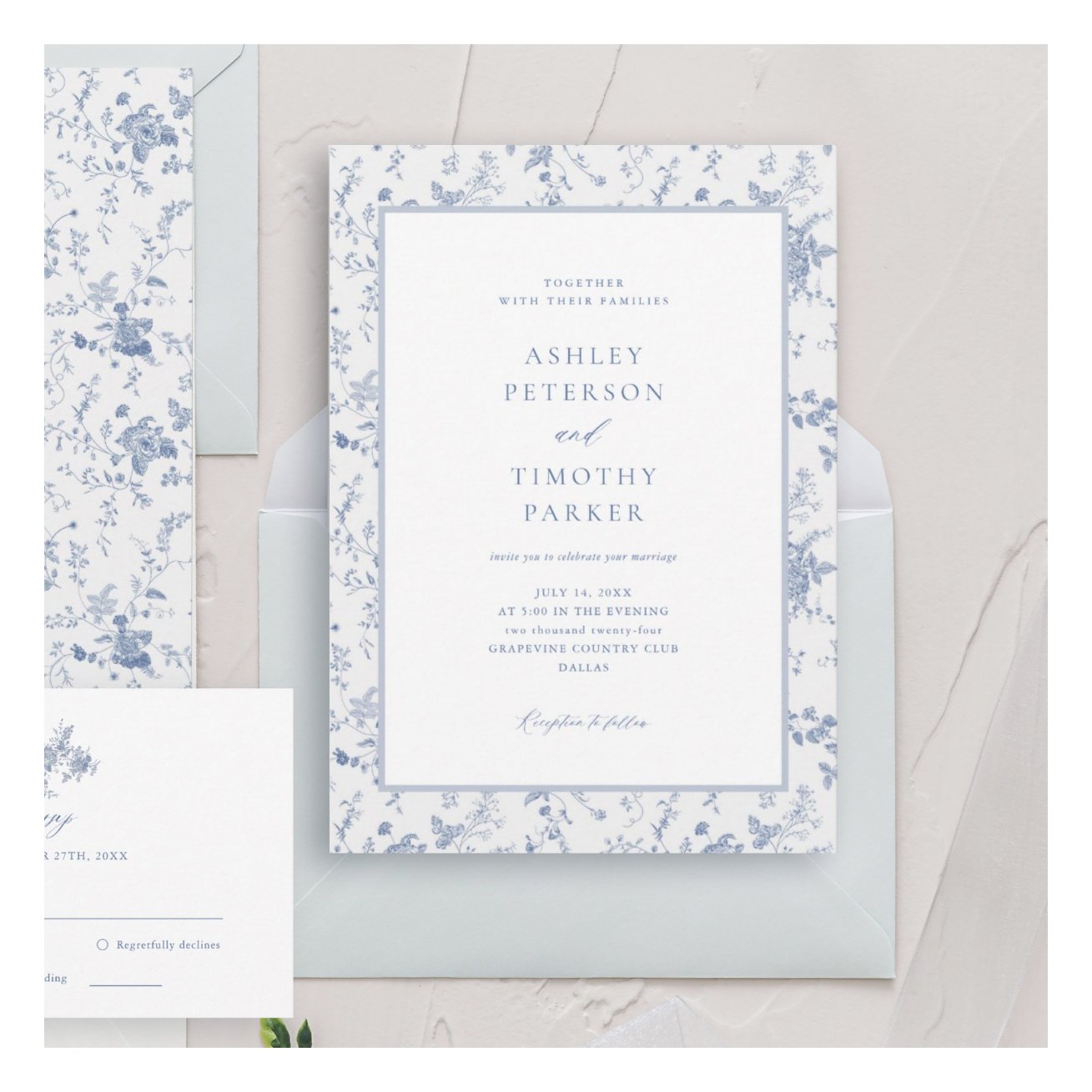 Victorian Toile French Blue Classic Wedding Invitation
