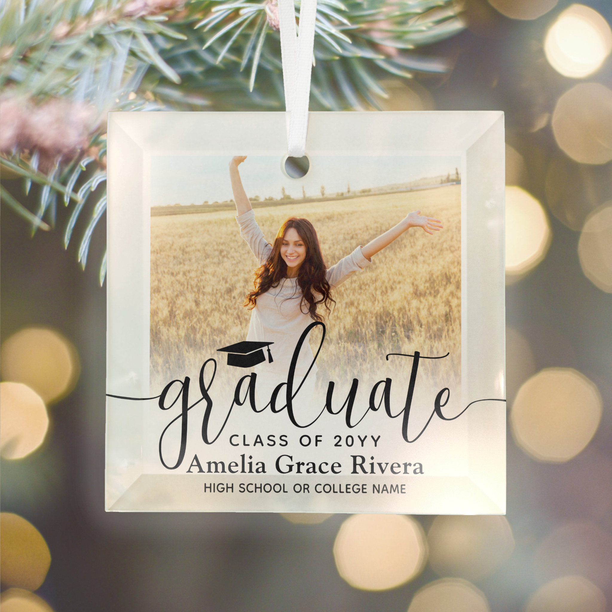 1 Photo Graduation Elegant Black Script Class Year Glass Ornament