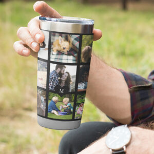 Monogram personalized modern multi photo collage insulated tumbler
