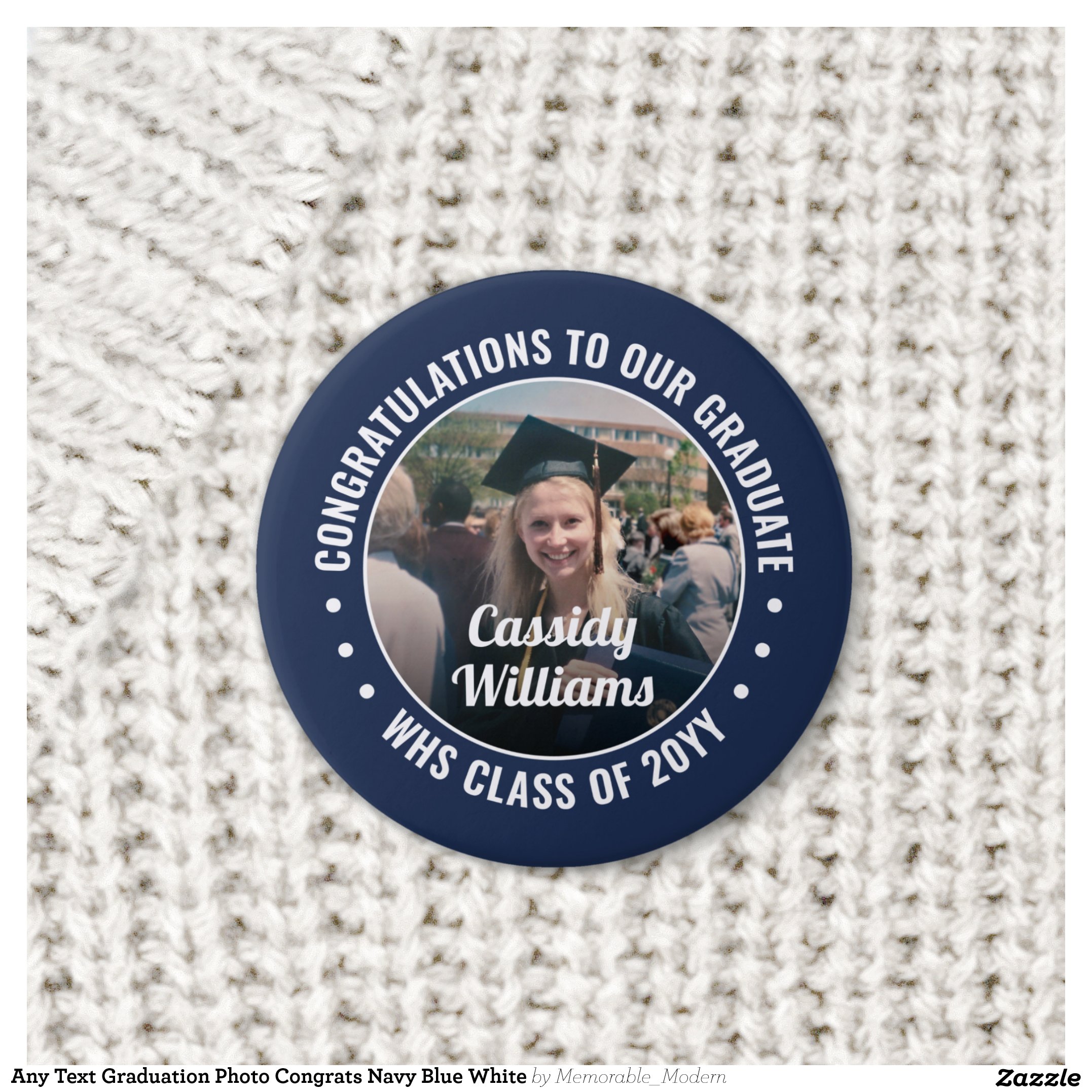Any Text Graduation Photo Congrats Navy Blue White Button