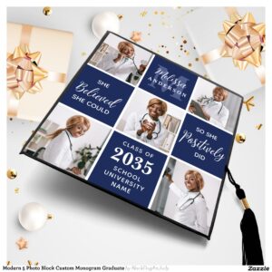 Modern 5 Photo Block Custom Monogram Graduate Graduation Cap Topper