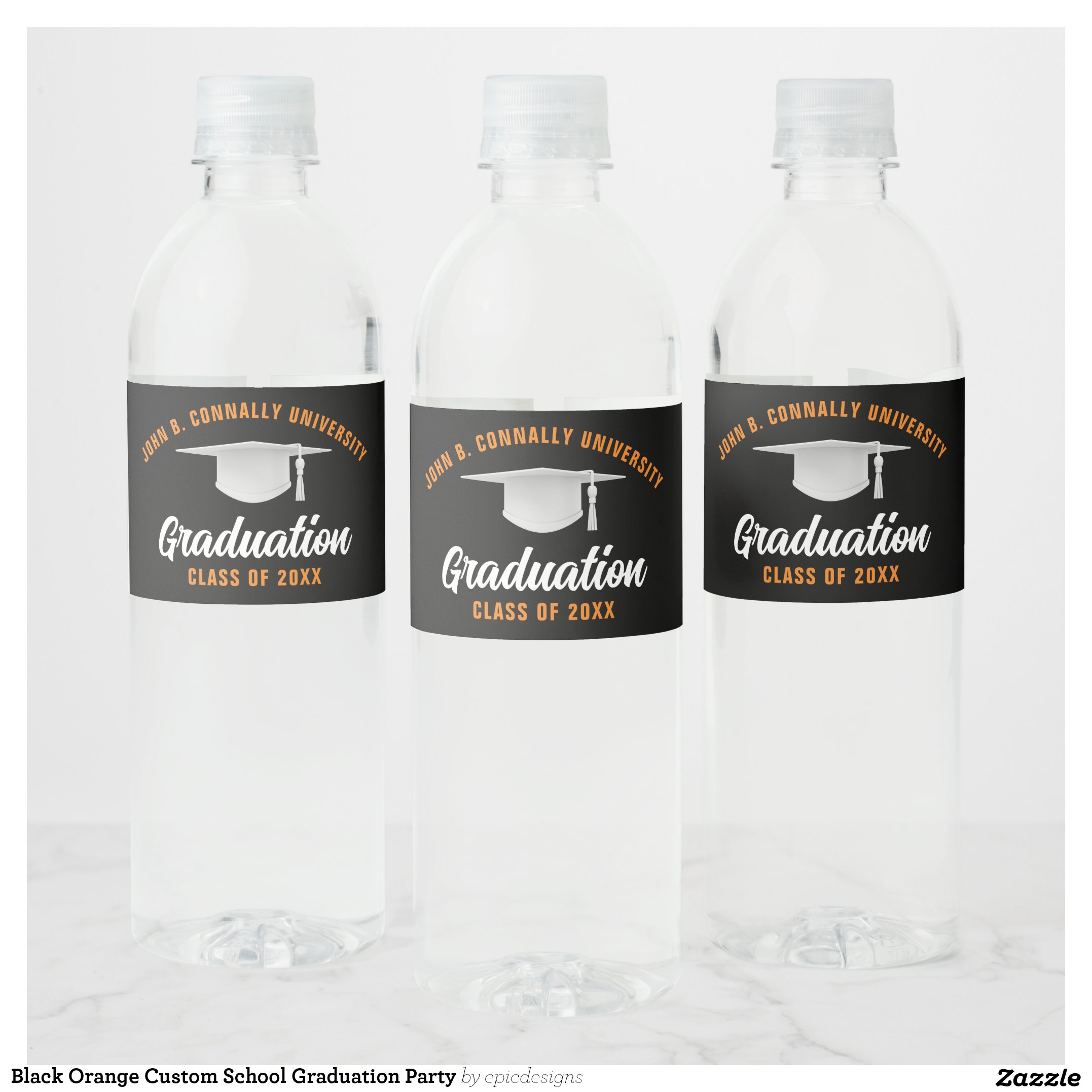 Black Orange Custom School Graduation Party Water Bottle Label