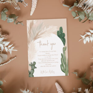 Boho cactus pampas arch desert baby shower thank you card
