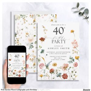 Pink Garden Floral Calligraphy 40th Birthday Invitation