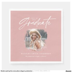 Modern pink girly script photo elegant graduation napkins