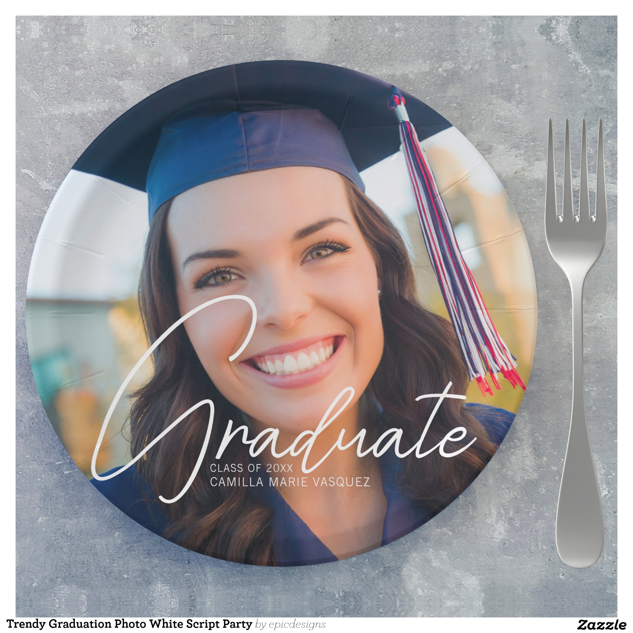 Trendy Graduation Photo White Script Party Paper Plates