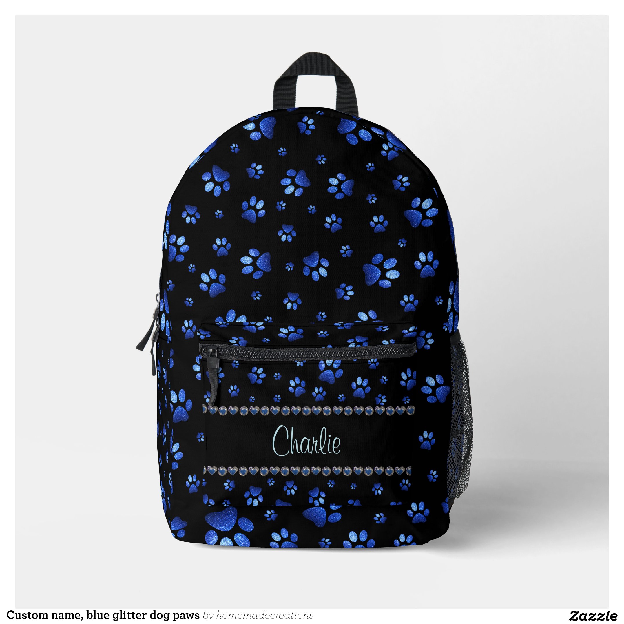 Custom name, blue glitter dog paws printed backpack