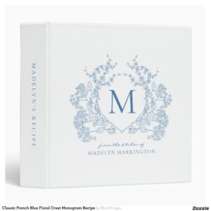 Classic French Blue Floral Crest Monogram Recipe 3 Ring Binder