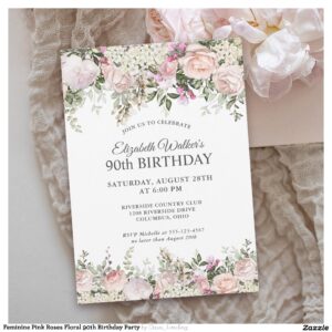 Feminine Pink Roses Floral 90th Birthday Party Invitation