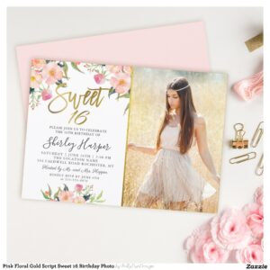Pink Floral Gold Script Sweet 16 Birthday Photo Invitation