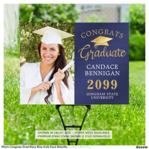 Photo Congrats Grad Navy Blue Gold Faux Metallic Sign