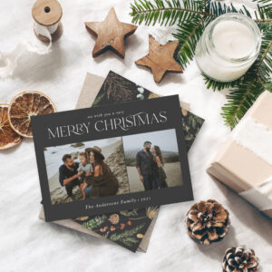 Christmas 2 photo watercolor botanical floral holiday card