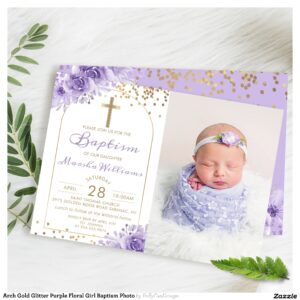 Arch Gold Glitter Purple Floral Girl Baptism Photo Invitation