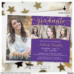 Elegant Purple Gold 4 Photo Confetti Graduate Invitation