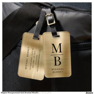 Elegant Monogrammed Gold Brushed Metallic Luggage Tag